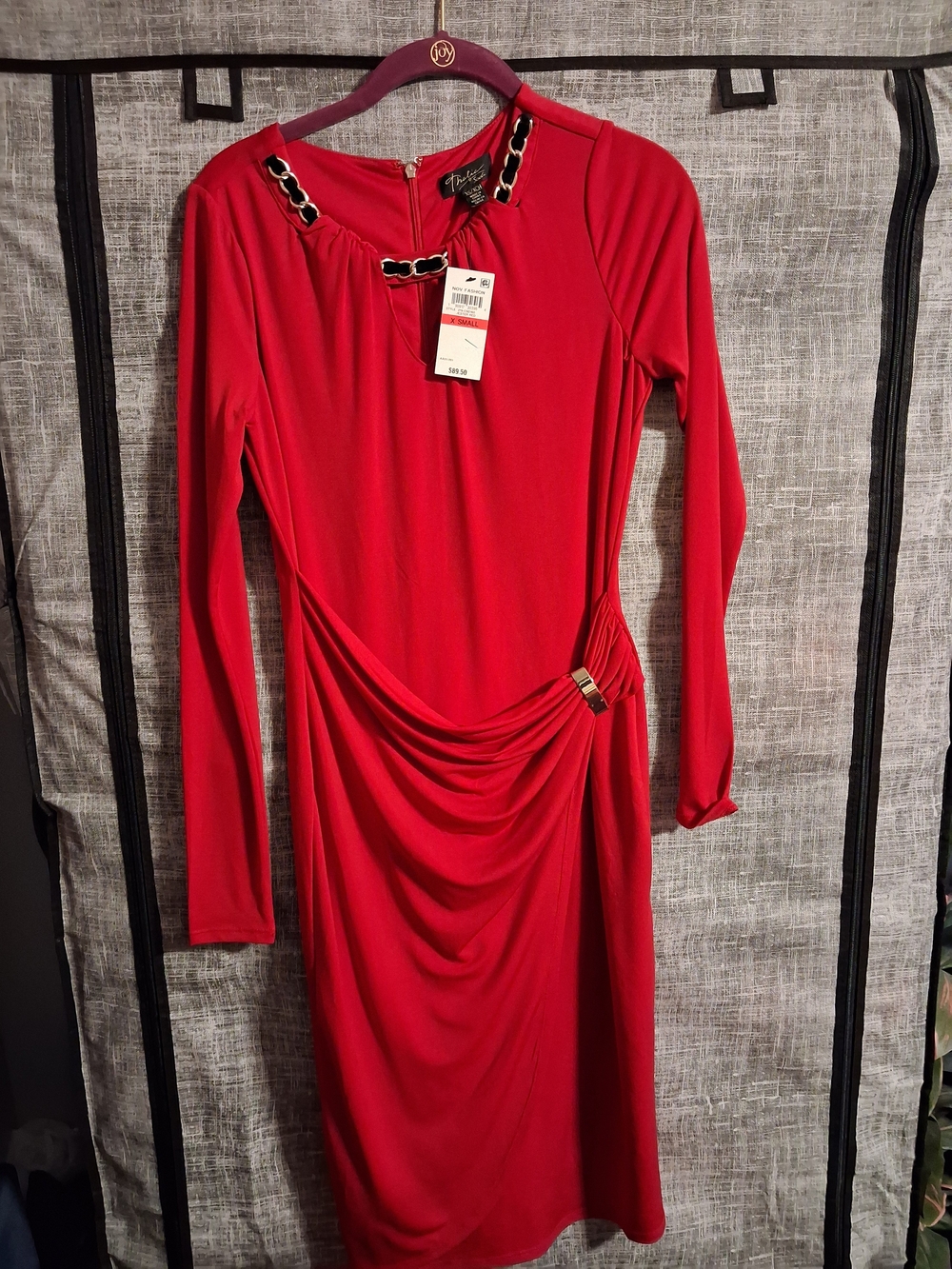 Thalia Sodi Red Long-Sleeve Draped Midi Dress with Chain Accents
